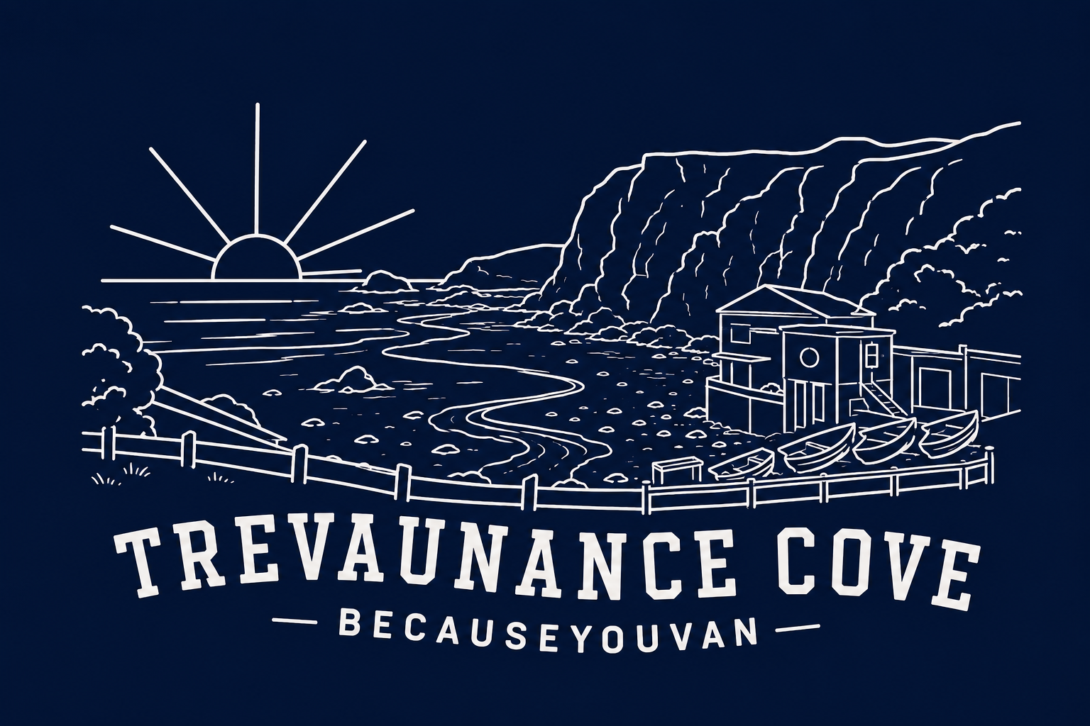 Trevaunance Cove Hoodie — hand-drawn First-drop BYV — Cornish tin-coast print